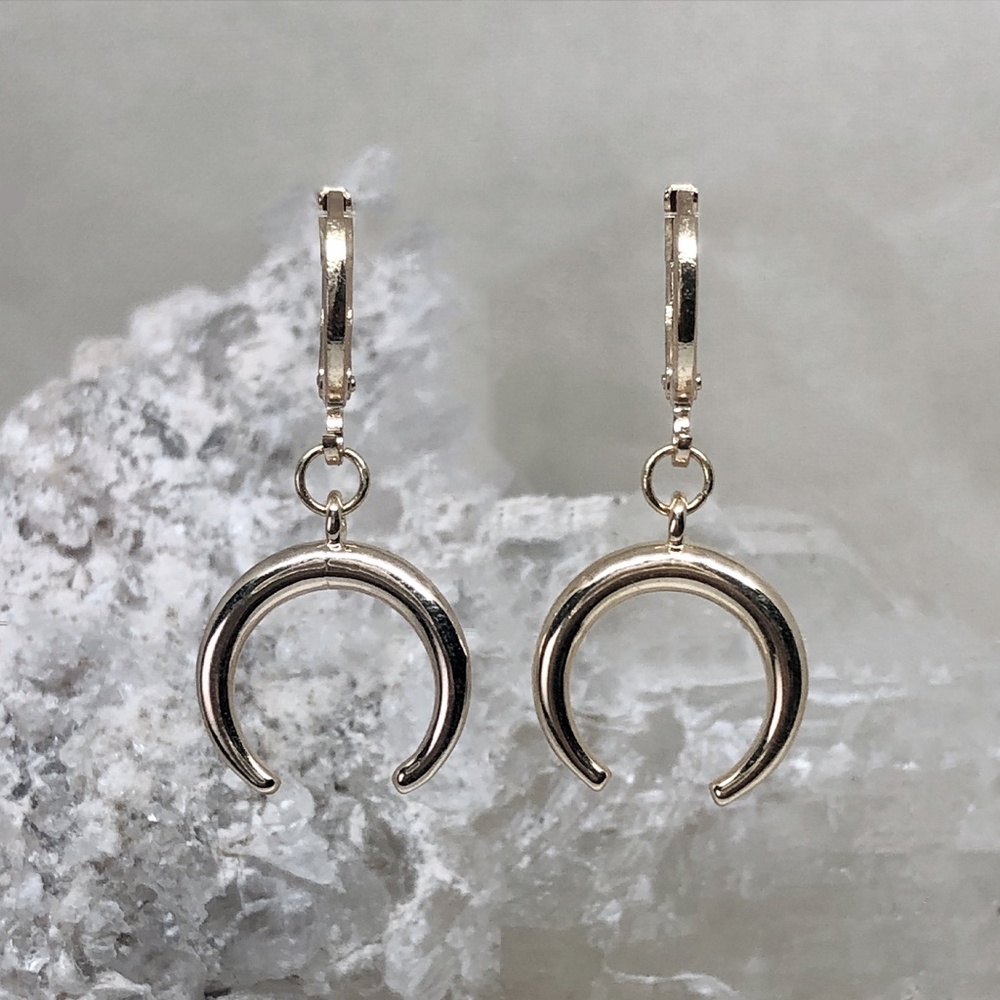 Cresent Moon Horn Pendant Gold Plated Earrings